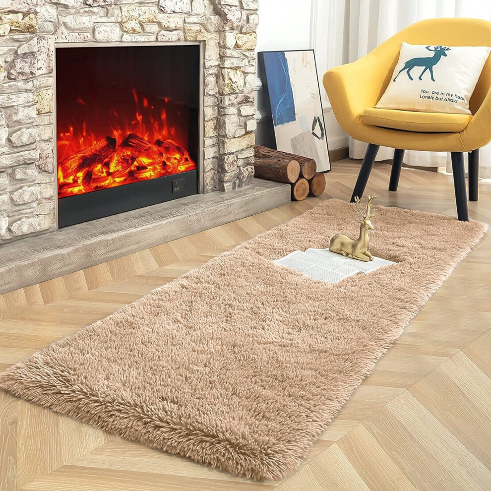 (Beige, 80 x 300 cm (2 ft 6 in x 10 ft)) Large Non Slip Rugs Soft Shaggy Fluffy Runner Rug & Bath Door Mats
