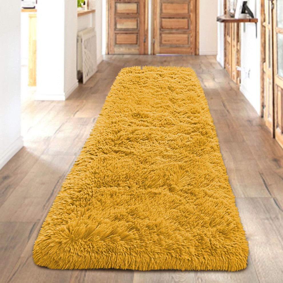 (Ochre Yellow, 80 x 300 cm (2 ft 6 in x 10 ft)) Large Non Slip Rugs Soft Shaggy Fluffy Runner Rug & Bath Door Mats