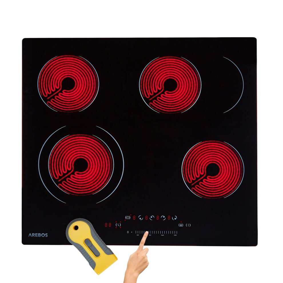 AREBOS glass ceramic hob | 6600 W | 4 hobs | 59 cm | self-sufficient | incl. dual cooking zone and roasting zone | with Sensor Touch | childproof lock