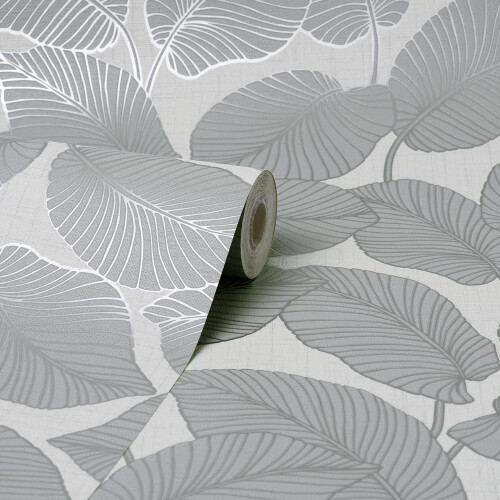 Fine Decor Larson Leaf Wallpaper Fine Décor Grey Silver Textured Vinyl Metallic 1