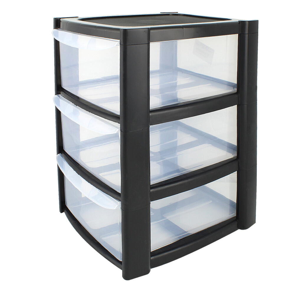Tml Housewares (3) Plastic Storage Drawers Tower Unit Desktop Home Bathroom School Stationary Files Black