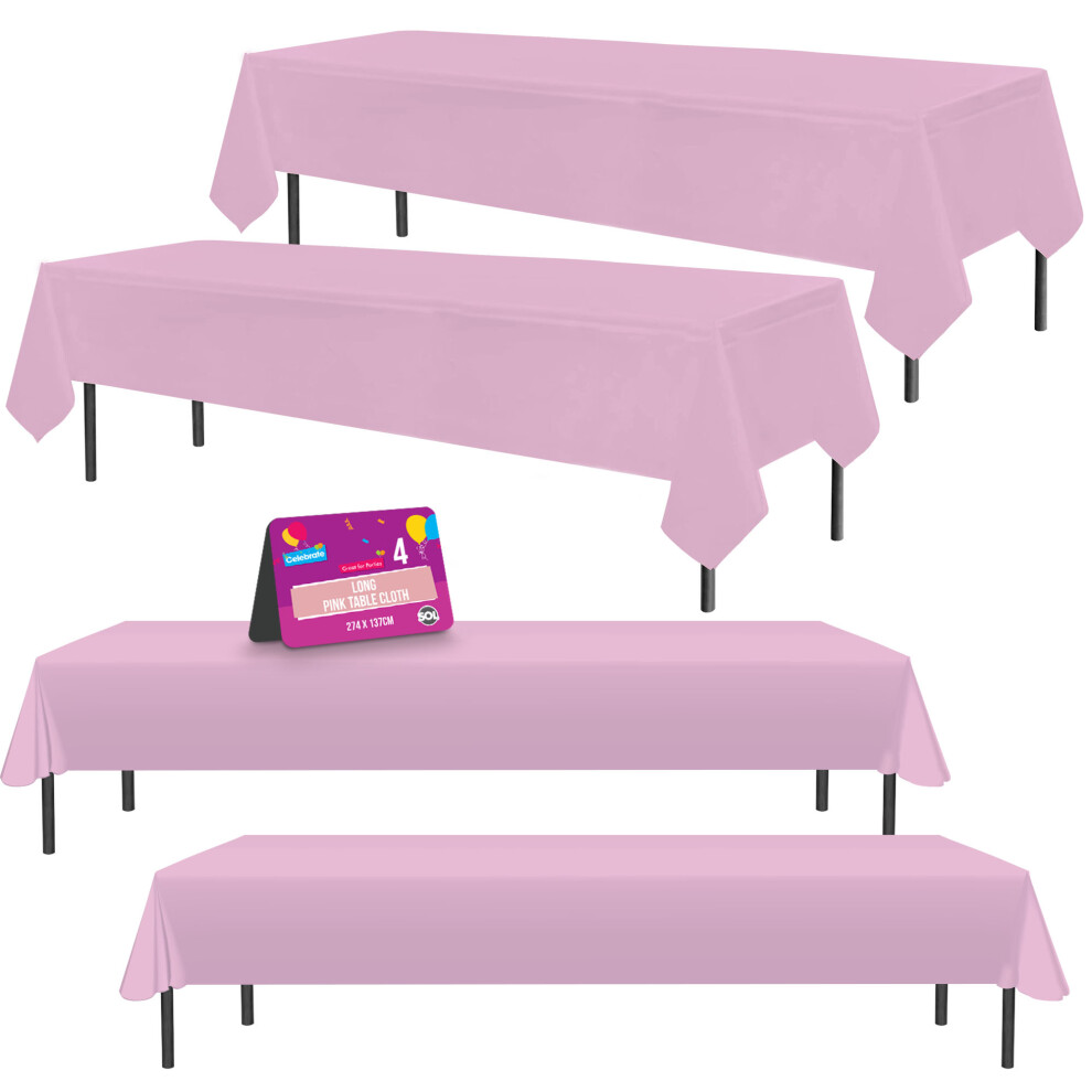 4pk Long Pink Table Cloth Party | 274 x 137cm | Plastic Table Cover