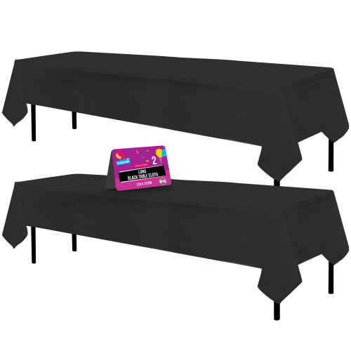 2-Pack Long Black Plastic Tablecloths 274 x 137 cm | Spill-Proof, Opaque & Reusable/Disposable (900012)