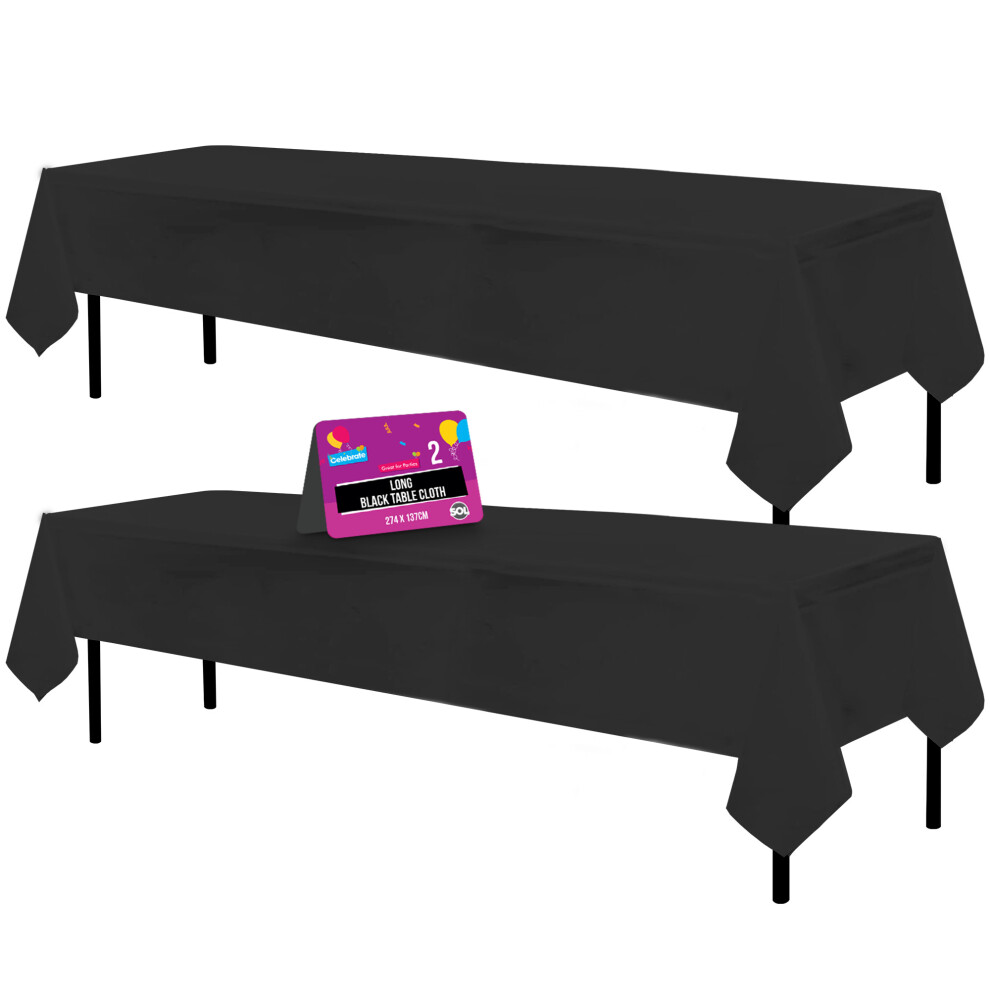 2pk Long Black Table Cloth Party | 274 x 137cm Plastic Table Cover