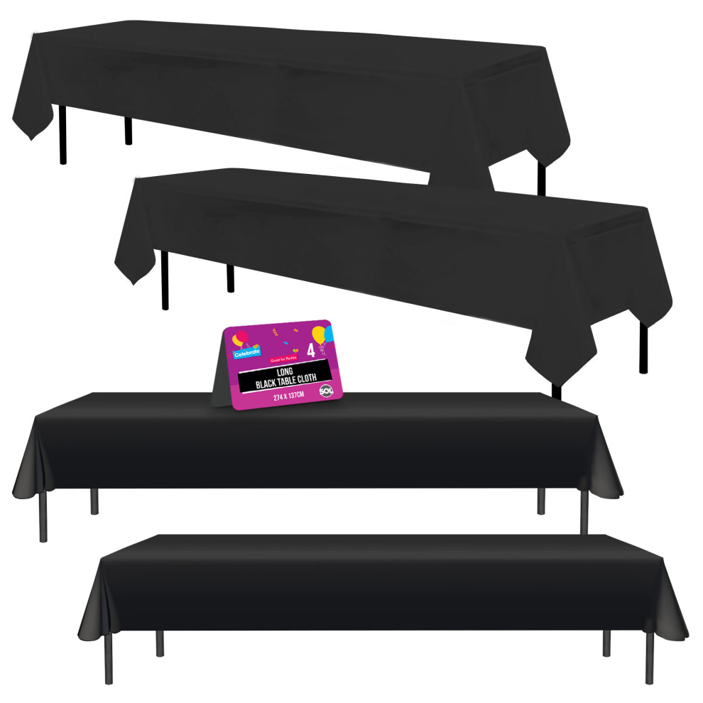 4pk Long Black Table Cloth Party | 274 x 137cm Plastic Table Cover