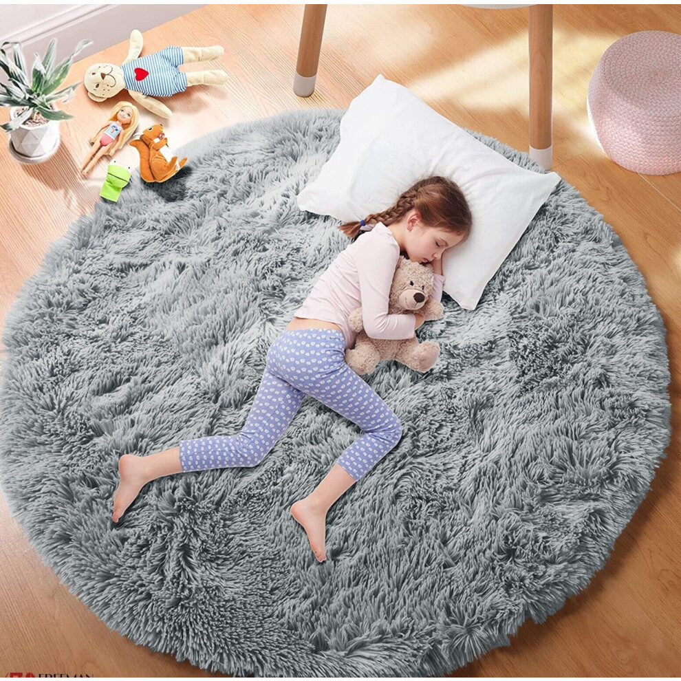 (Grey) Non Slip Round Rugs Shaggy Living Room Bedroom Rug