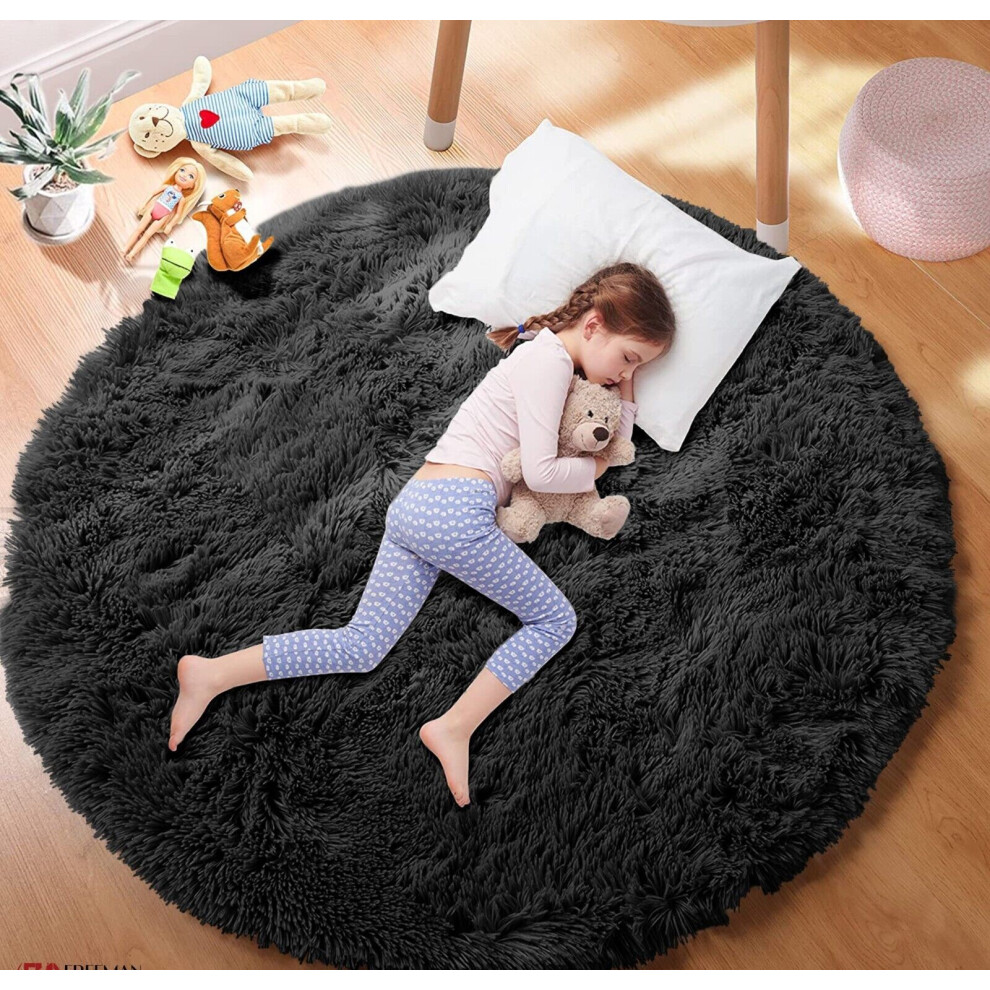 (Black) Non Slip Round Rugs Shaggy Living Room Bedroom Rug
