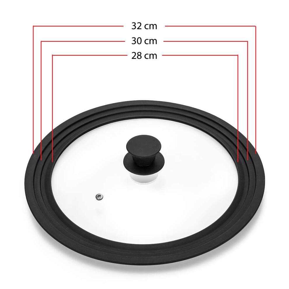 (28/30/32 cm) Display Guru Universal Lid for Pots, Frying Pans and Skillets Tempered Glass with Heat Resistant Silicone Handle Rim and Fits From 16 to 32 cm