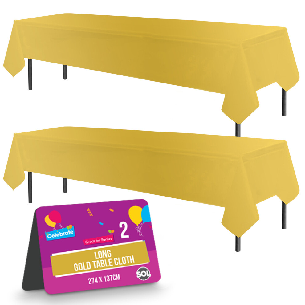 SOL 2pk Long Gold Table Cloth Party | 274 x 137cm Plastic Table Cover