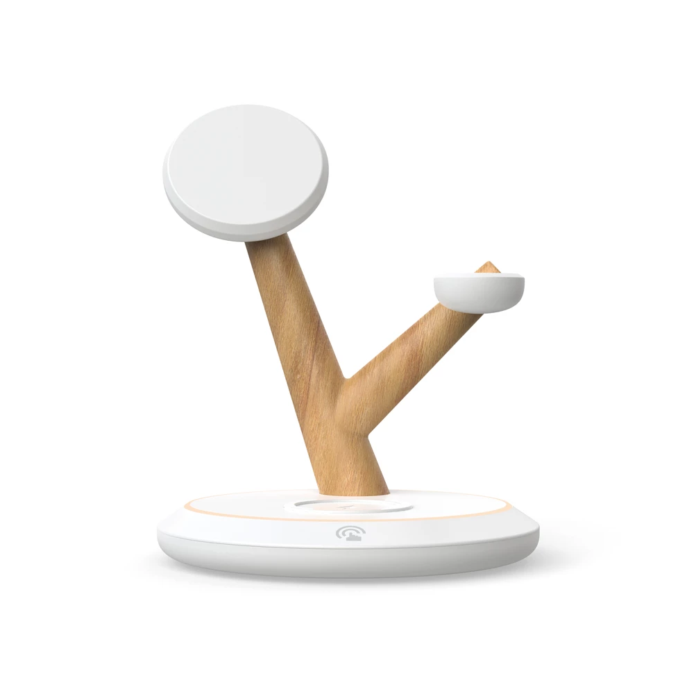 (White and wood, 1) Tree Shape USB Rechargeable Magnetic Three In One Wireless Charging Stand