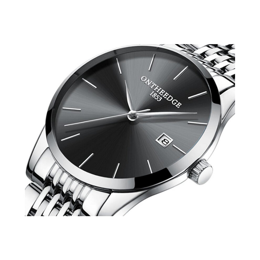 Ultra Thin Steel With Quartz Watch Calendar Waterproof Men's Silver-Black