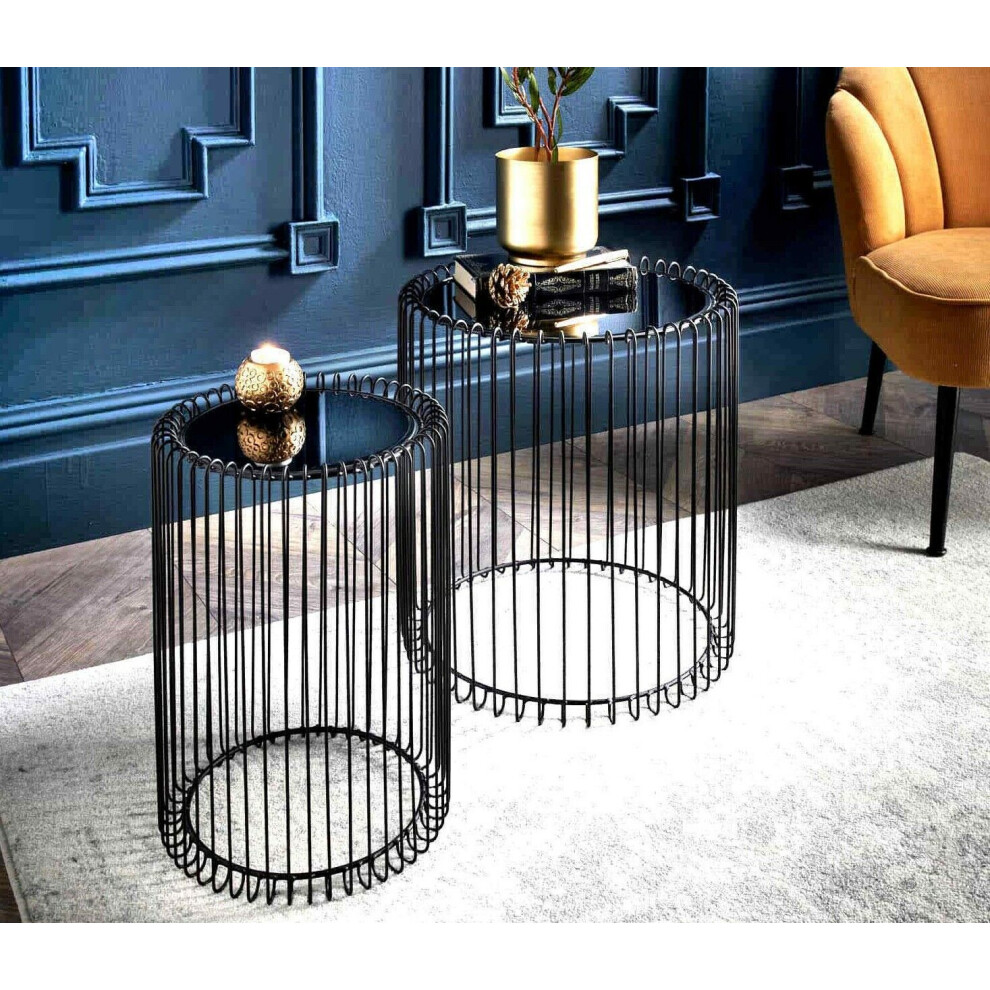 Set Of 2 Round Cage Table With Mirror Top Black