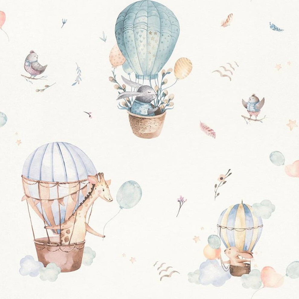 Rasch Kids Hot Air Ballon Animal Print Blue Wallpaper Textured