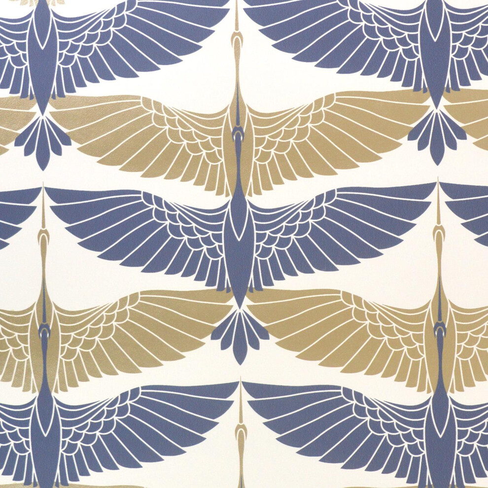 Arthouse Oriental Cranes Gold Navy Wallpaper Metallic Effect