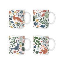 Set Of 4 Woodland-Themed Mugs Forest Autumnal Fox Bunny Coffee Tea Cup