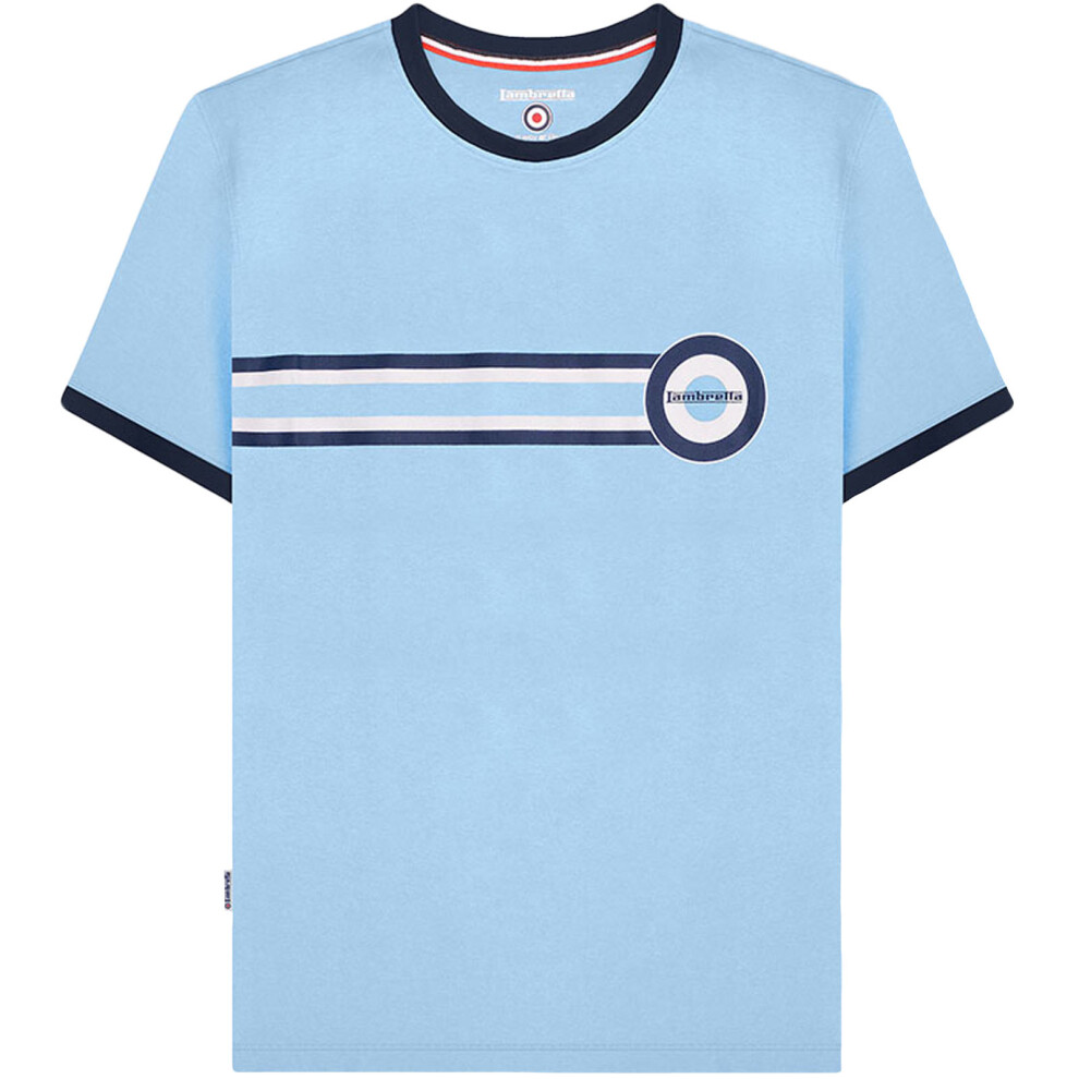 (S, Sky Blue) Lambretta Mens Target Stripe Crew Neck Ringer Retro T-Shirt Tee Top - Sky Blue