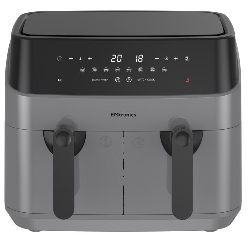 EMtronics Double Basket Air Fryer 9 Litre With 99 Minute Timer - Grey ...