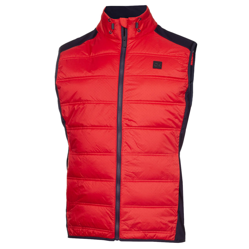 (L, Evening Blue/Red) Calvin Klein Mens 2024 Rangewood Full Zip Stretch Insulated Hybrid Golf Gilet