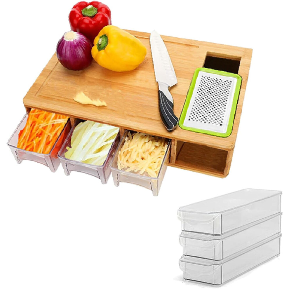 MantraRaj Bamboo Chopping Board with Containers 3 Storage Drawer Trays with Lids & Grater