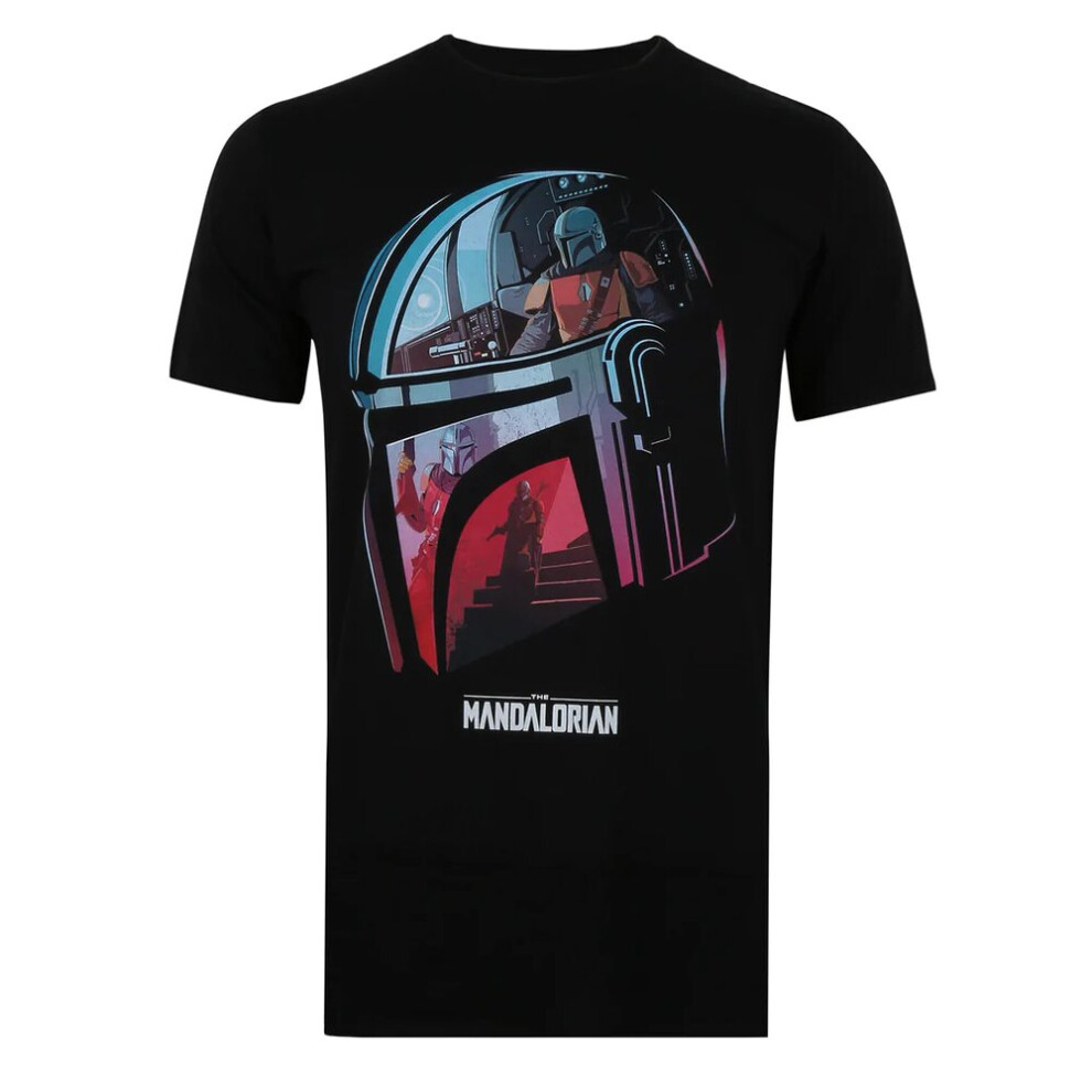 (L, Black) Star Wars: The Mandalorian Mens Helmet Cotton T-Shirt