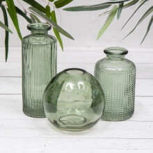 Set of 3 Green Vintage Glass Bud Vases - Ribbed, Dimpled & Globe Designs (SV-GL440275-245)