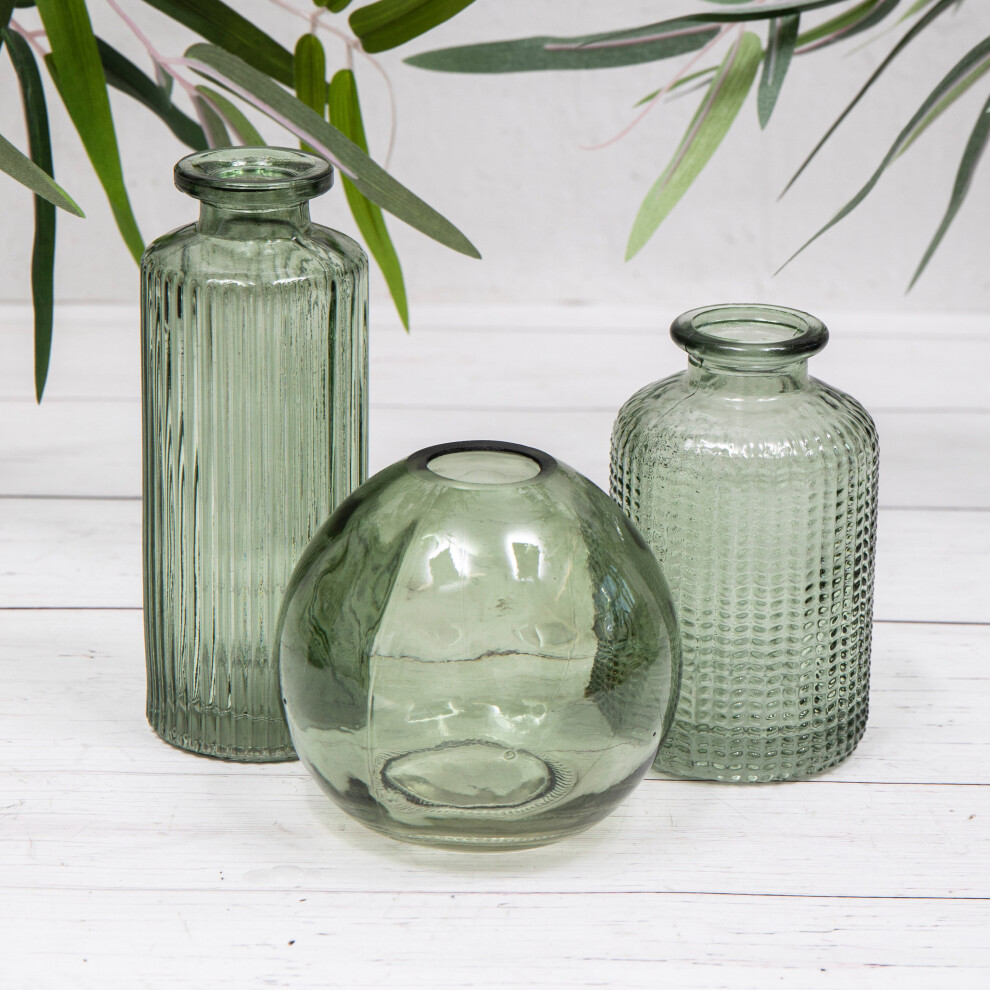 Set of 3 Green Vintage Glass Bottles