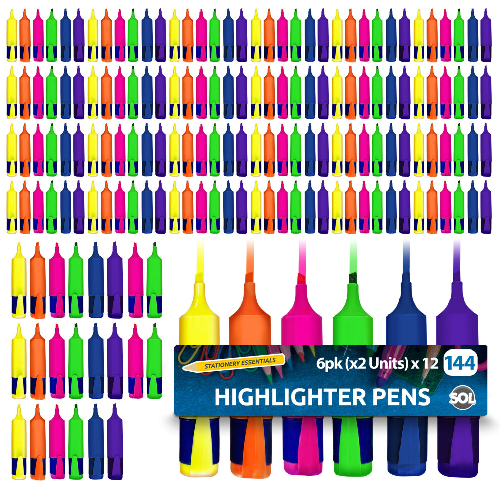 12 x 12pk Assorted Highlighter Pens Fluorescent Bright Colour Markers