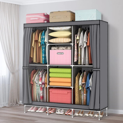 Canvas Fabric Wardrobe Storage Hanging Rail Shelf Foldable Portable 1