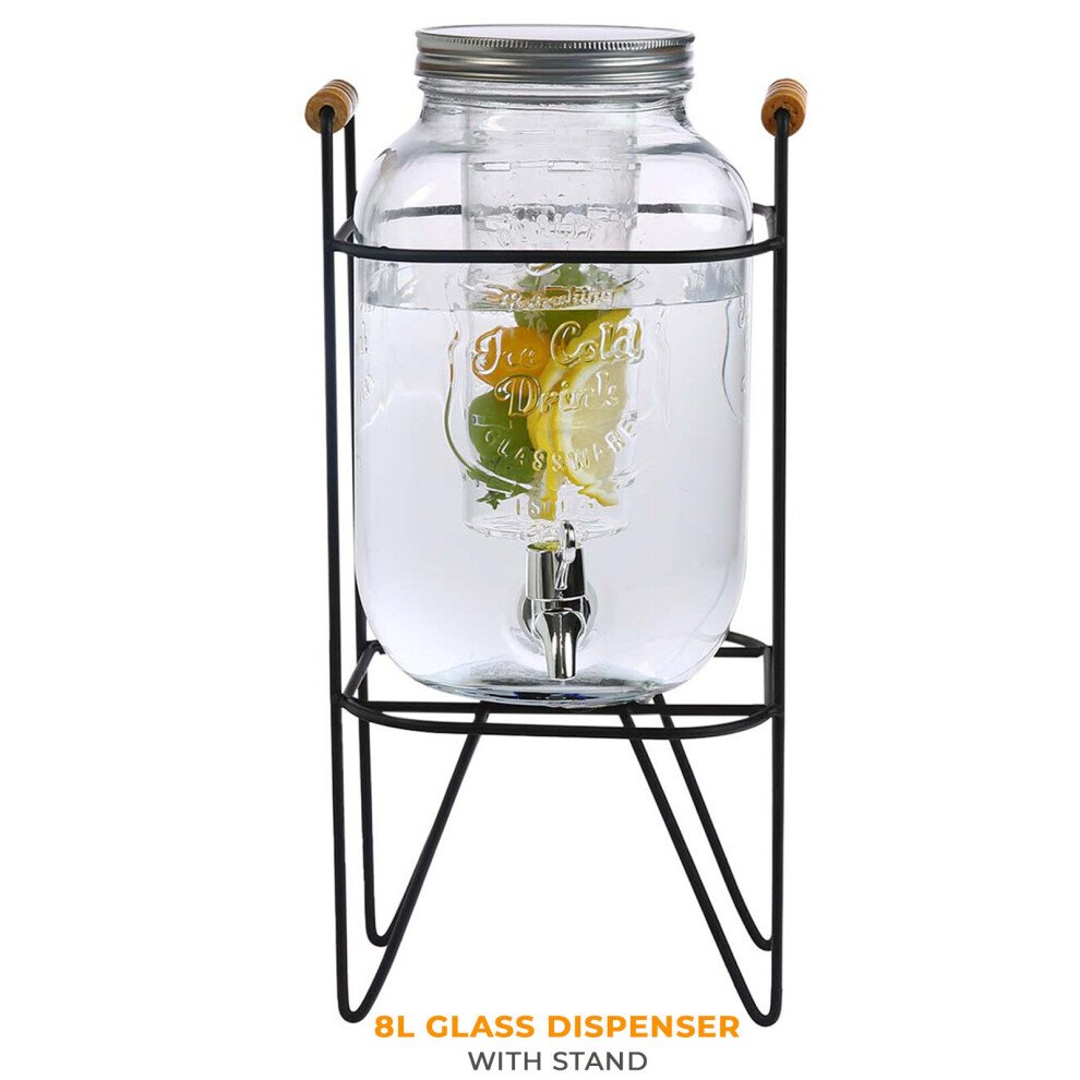 8L Glass Vintage Beverage Drinks Dispenser on Metal Stand Cocktail Jar with Tap