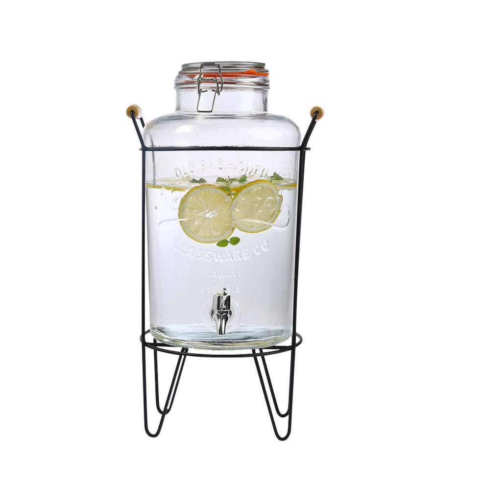 8L Glass Vintage Beverage Drinks Dispenser on Metal Stand Cocktail Jar with Tap