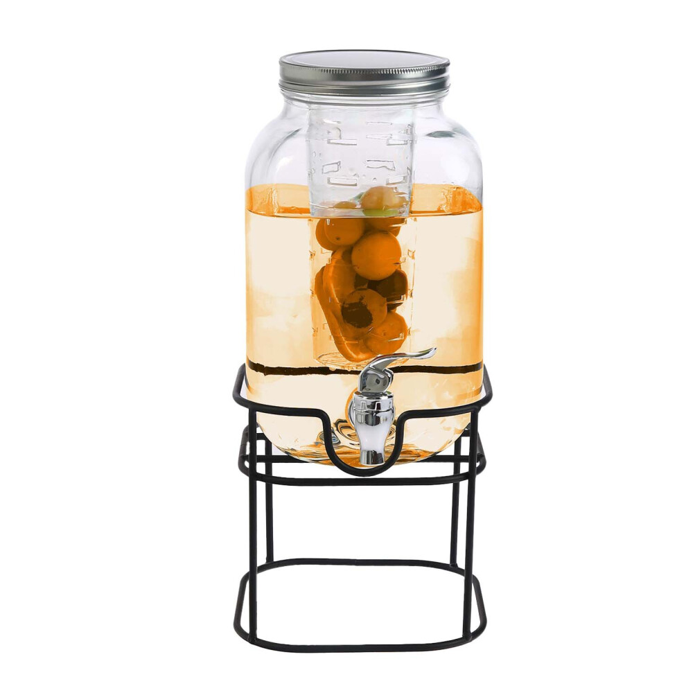 Denny Int Ltd 4L Glass Vintage Beverage Drinks Dispenser On Metal Stand Cocktail Jar With Tap
