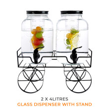 2x4L Glass Beverage Dispenser Set with Screw Lid Jugs on Stand – 8L Total Capacity