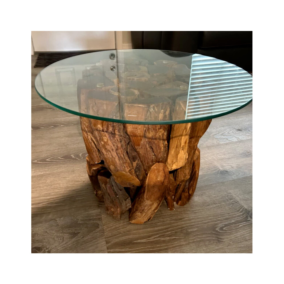 Teak Root Coffee Table Rustic Solid Wood Vintage Side End Furniture Round Glass