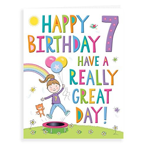 Regal Cards Girl Age 7 Happy Birthday Card - Girl Cat Trampolining ...