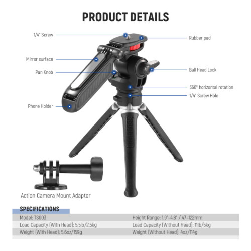 Neewer NEEWER TS003 Mini Tripod for Camera and Phone with Handle 2