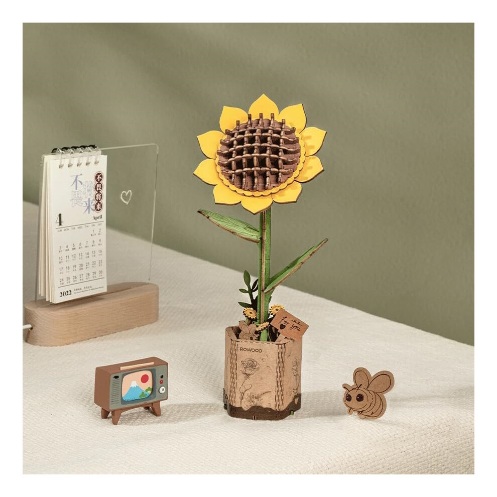 Rowood Sunflower Wooden Puzzle 3D Flower Model Building Kit In Vase Diy