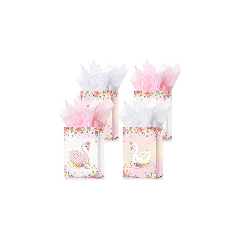 16 Set Swan Princess Themed Party Gift Bags with Tissue Paper, Swan Princess Birthday Party Candy Goodie Gift Bags for Birthday Party Floral Swan