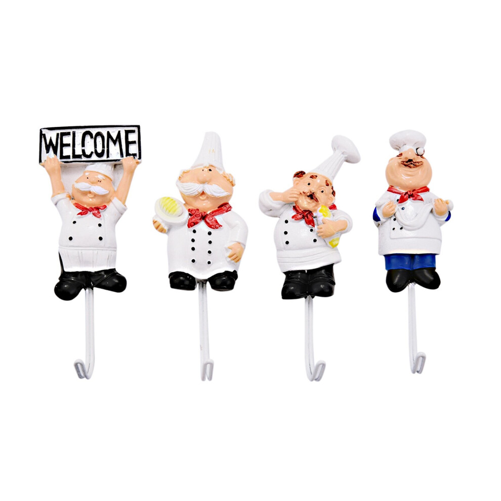 Pack Of 4 Resin French Chef Figurine Wall Hooks Decorative Cook Wall Mount Rack Hook Hanger(Assorted Style) 4851084524014