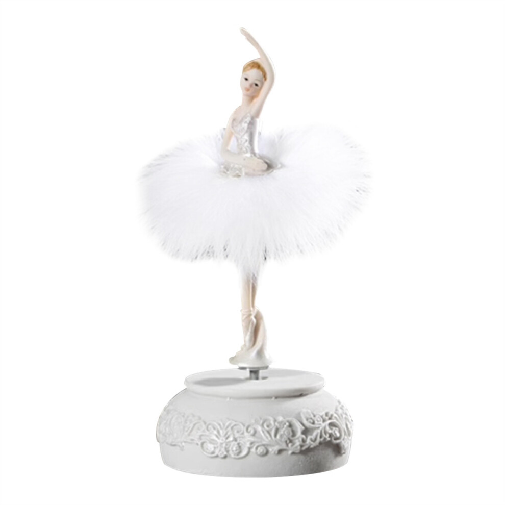 Feather Skirt Rotating Music Box Figurine, Manual Control Dancing Girl Musical Box for Girls, White