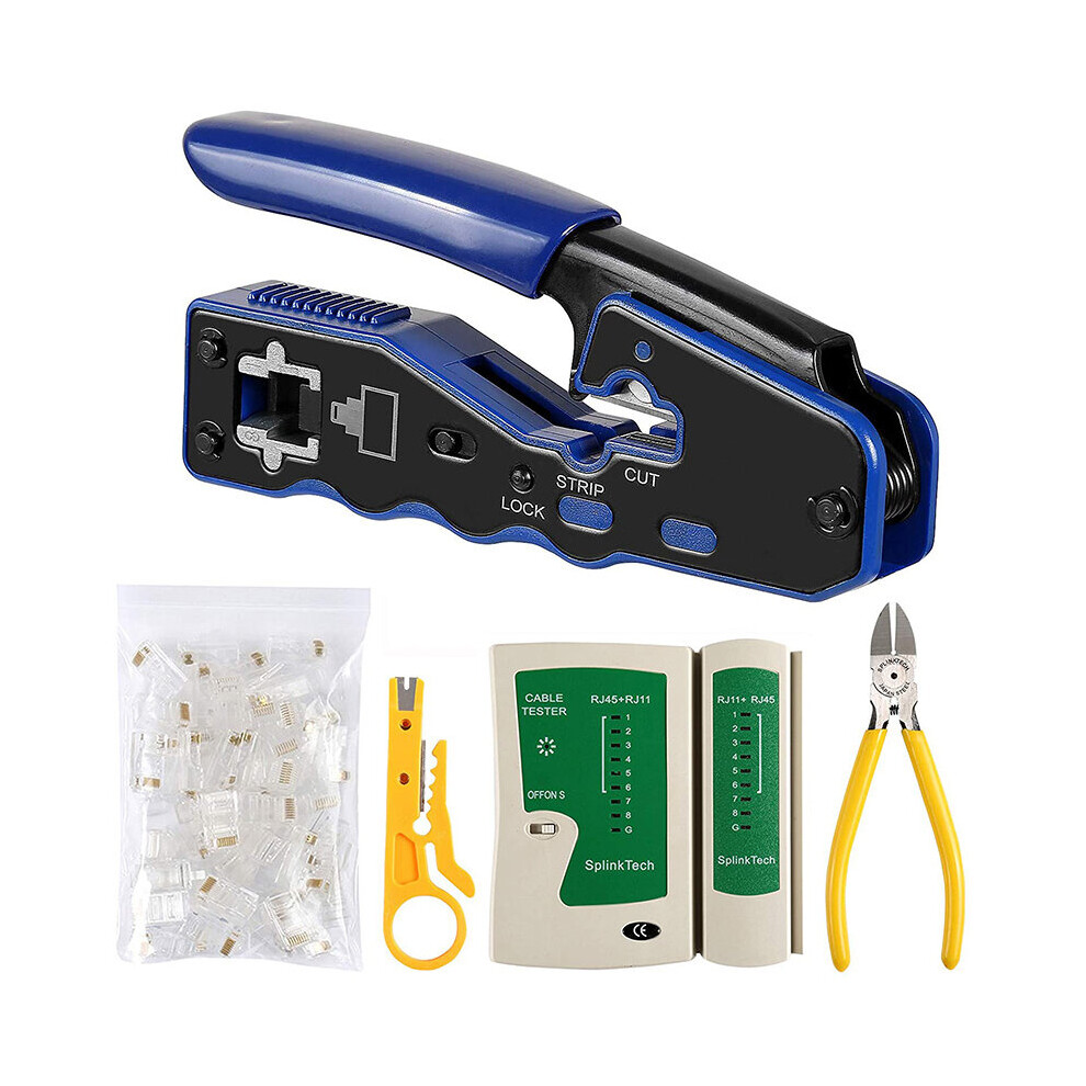 Network Lan Cable Tester RJ45 Crimp Tool Pass Through Modular CAT6 Cat5E Cat5 Crimping Tool Kit,50PCS Through Connectors