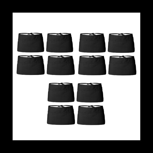 12 Pack - Black Server Waist , Waitress Half Apron Belt Pocket Apron