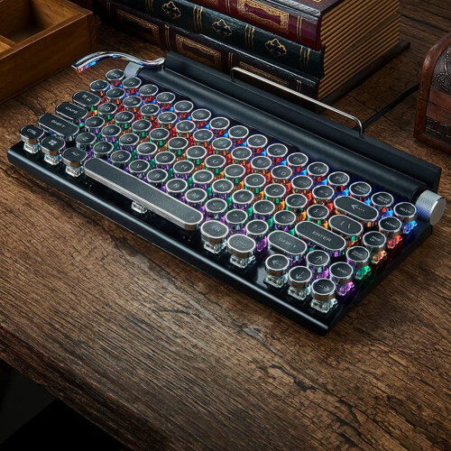 Retro Typewriter Keyboard Wireless Bluetooth Keyboard USB Mechanical Punk Keycaps for Desktop PC/Laptop/Phone-Black 2