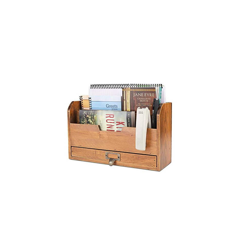 Flexzion Rustic Wooden Desk Organizer - Accessories, Pen, Bill, and Mail Organizer for Desk Accessories - Desktop Organizer with Drawers for Office,