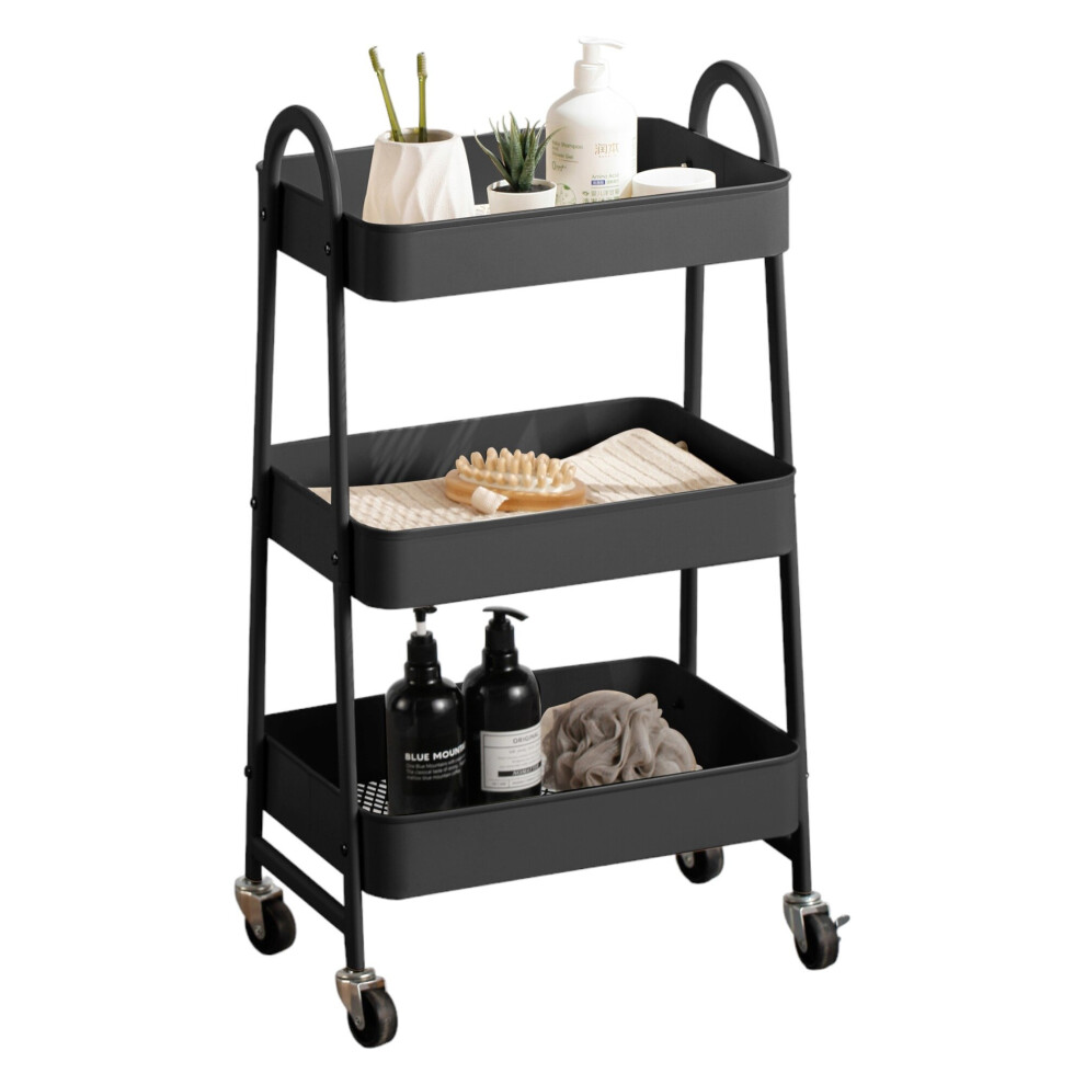 (Black) 3 Tier Shelf Metal Slim Storage Trolley Cart with Castor Wheels Bathroom Organiser