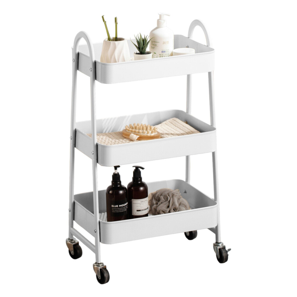 (White) 3 Tier Shelf Metal Slim Storage Trolley Cart with Castor Wheels Bathroom Organiser