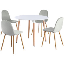 (White Table & Grey Velvet Chairs) Charles Jacobs Round Dinner Table & Chair 4 Seat Circular Scandi Set for Kitchen Dining Room