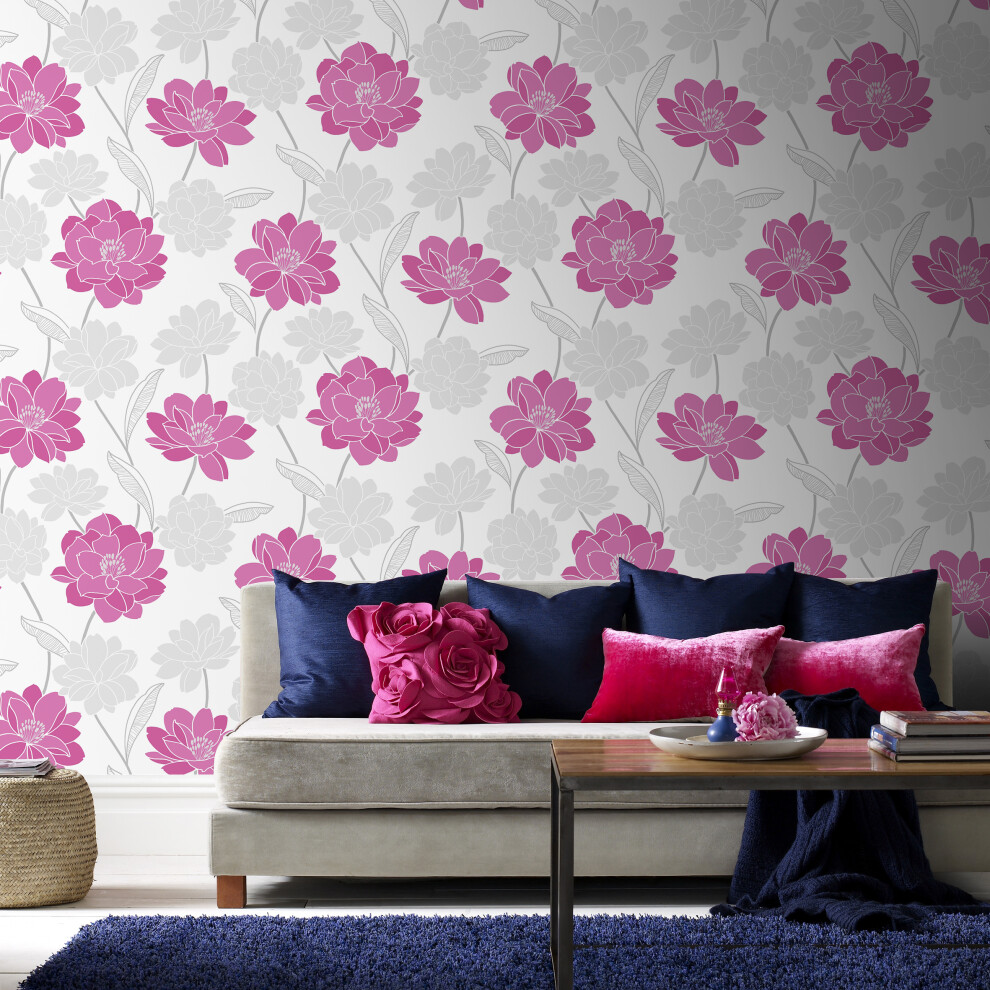 Superfresco Colour Myla Pink/Grey Floral Paste the Paper Wallpaper (Was 17)