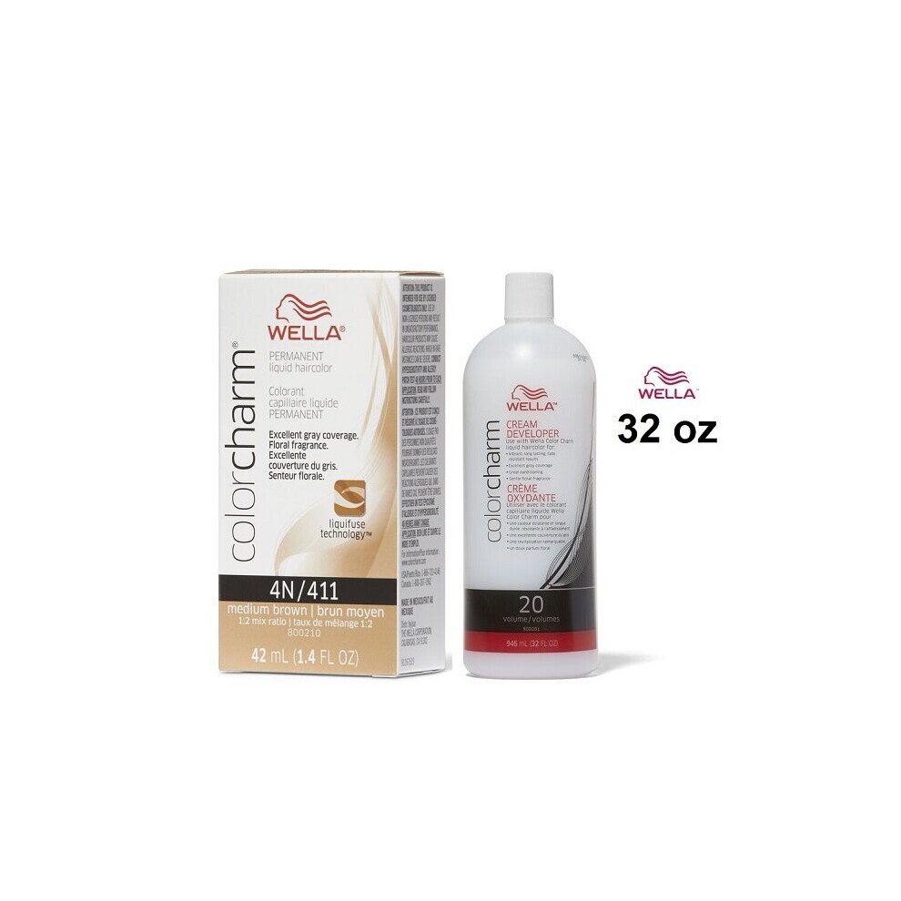 (4N+Dev(Vol.20)32oz) Wella 4N Medium Brown Color Charm Permanent Liquid Haircolor