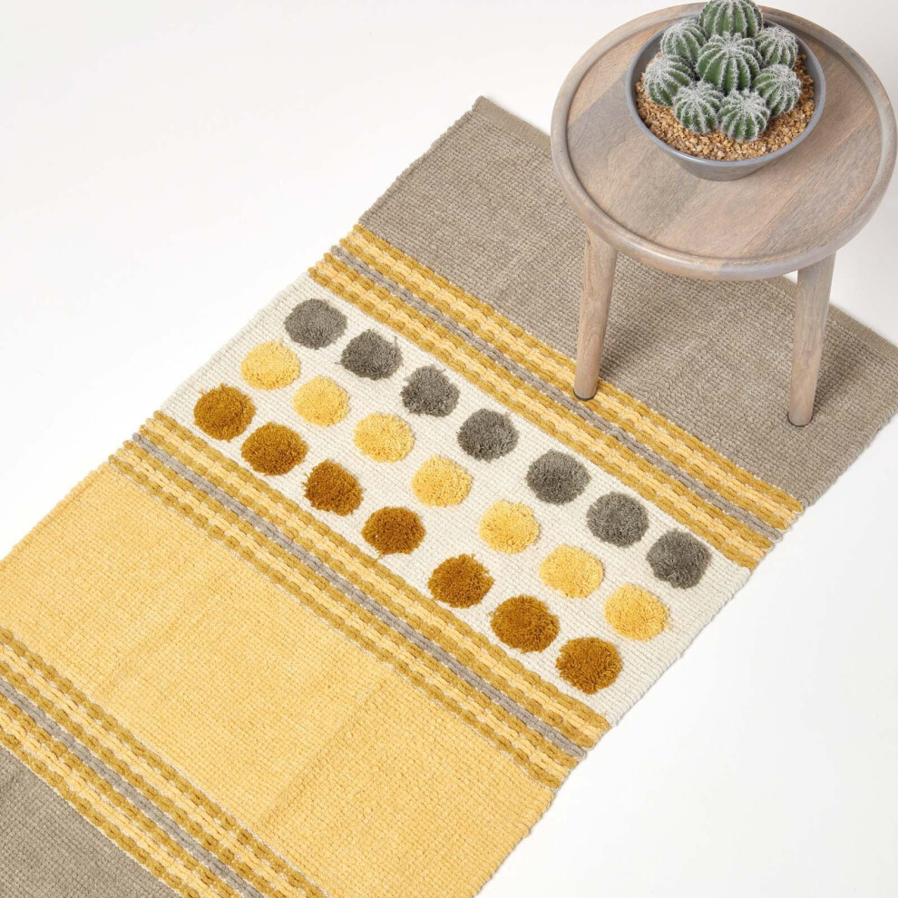 (66 x 200 cm) Cotton Chenille Striped Tufted Circle Rug Grey Mustard Yellow