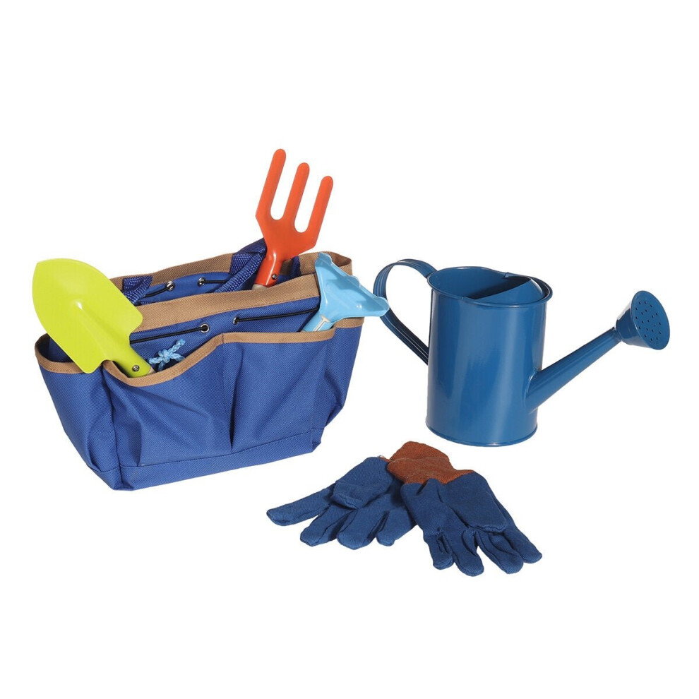 (Blue) 6Pcs Kids Gardening Tools Children Shovel Spade Fork Set Tote Bag Garden Yard